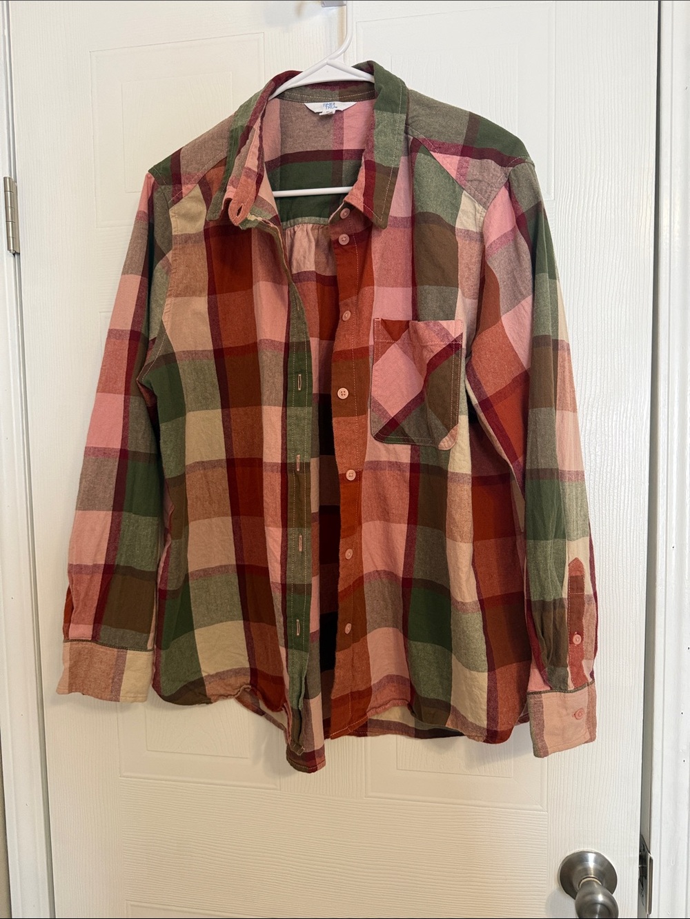 Time and Tru Pink, Green & Brown Plaid Button-Down Shirt